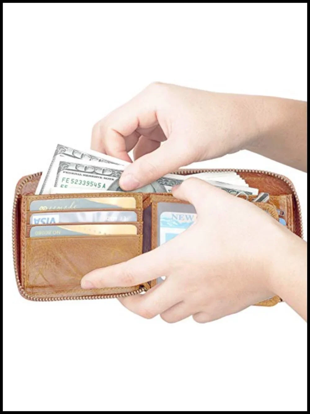 Genuine Leather RFID Blocking Zipper Wallet with 10 Card Slots
